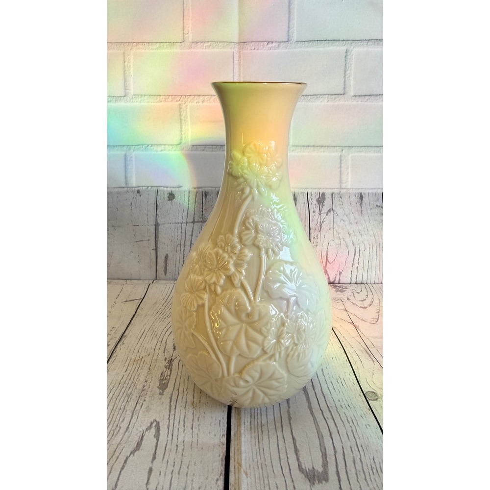 Vintage Pearlescent Cream Floral Embossed Ceramic Vase Gold Rim 8.5in